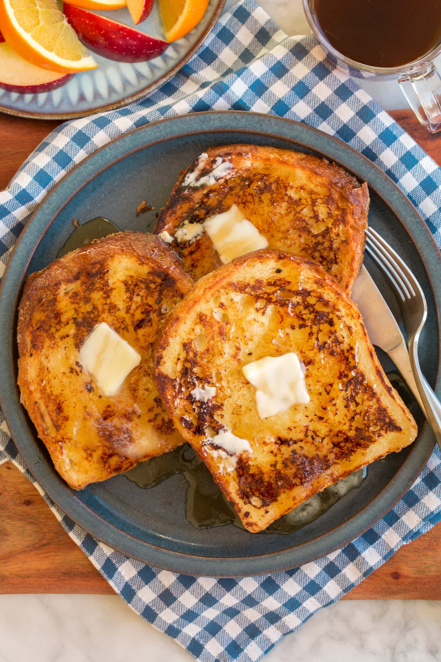 Buttermilk French Toast Overhead photo of french toast without cinnamon.
