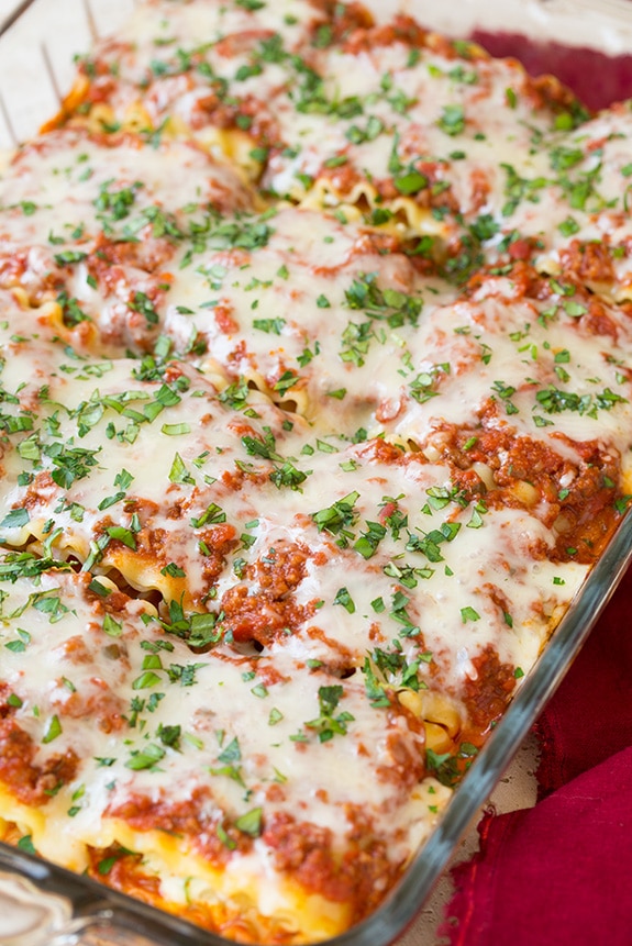 A close up of a Lasagna Roll Ups in a baking dish