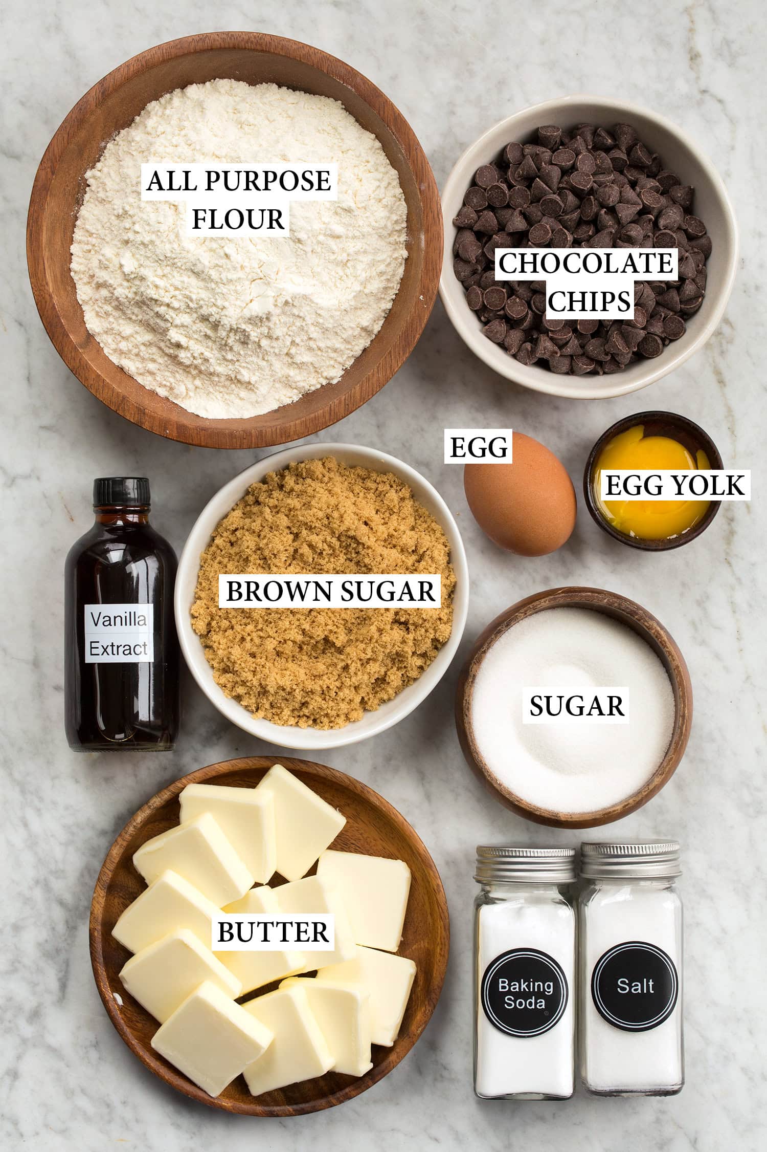 Ingredients used to make a skillet chocolate chip cookie. 