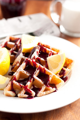 Lemon Belgian Waffles with Blueberry Syrup