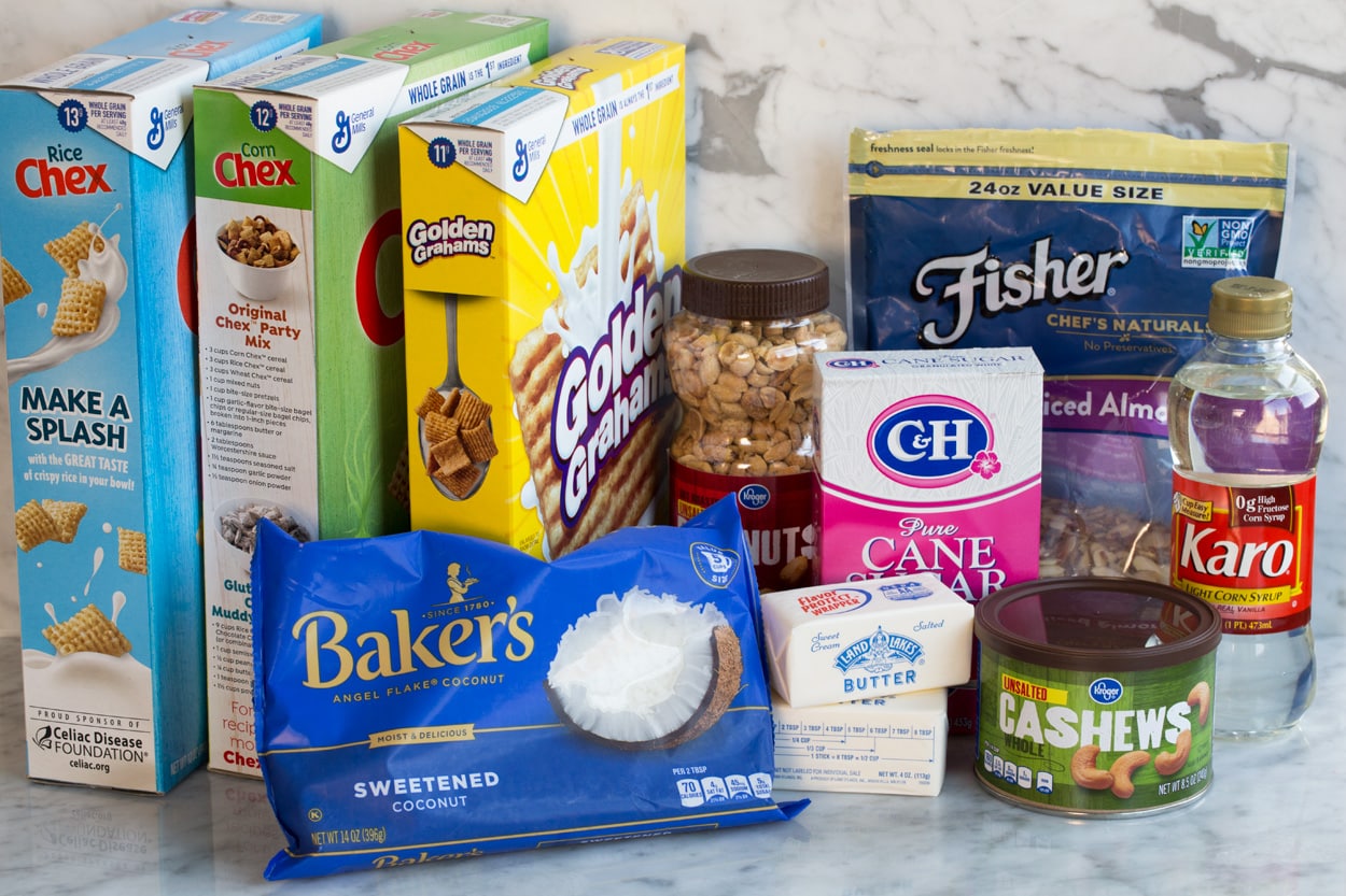 Ingredients needed for chex mix shown here.