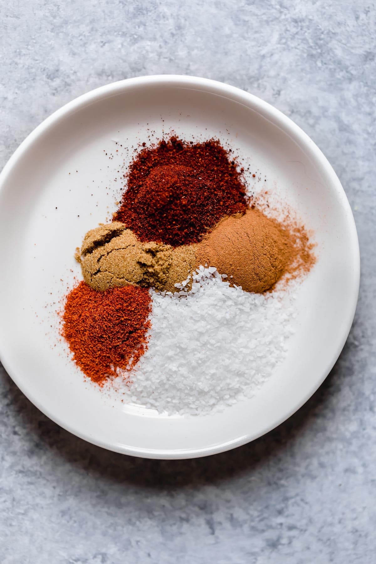 Pork tenderloin rub spices in sections on a white plate.