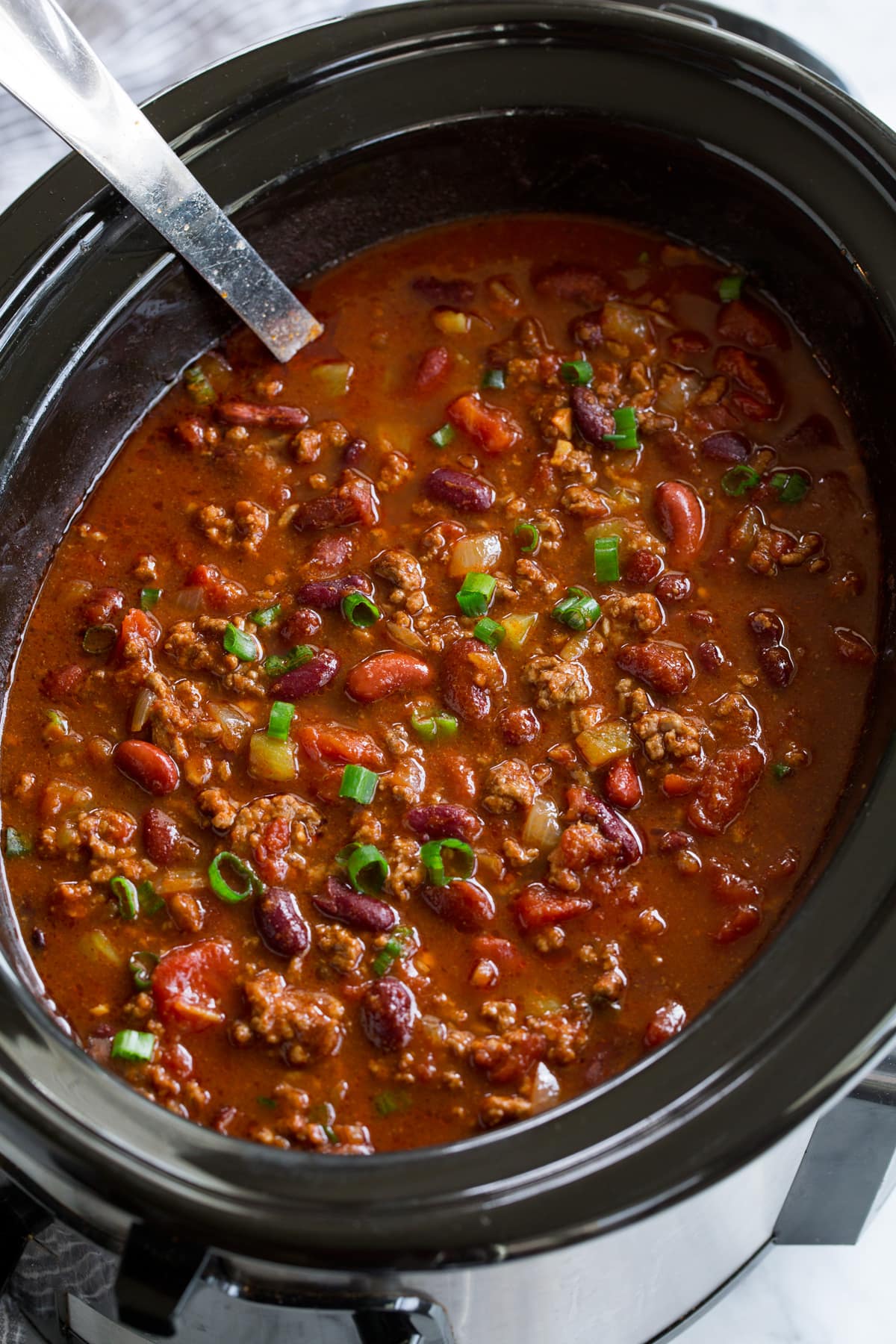 Large batch of chili in a Slow Cooker.