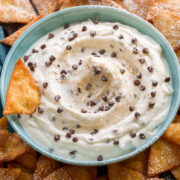 Close up photo of cannoli dip with chocolate chips.