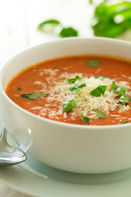 creamy tomato basil soup with roasted garlic and asiago cheese | Cooking Classy