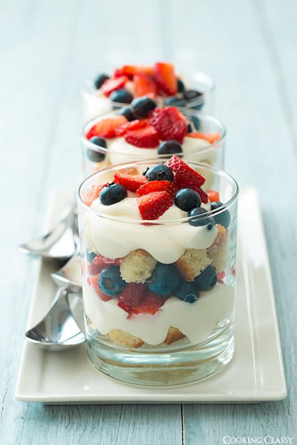 three Individual Berry Trifles on white tray