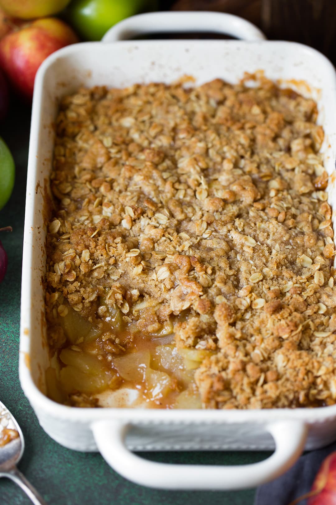 easy apple crisp in a white casserole dish