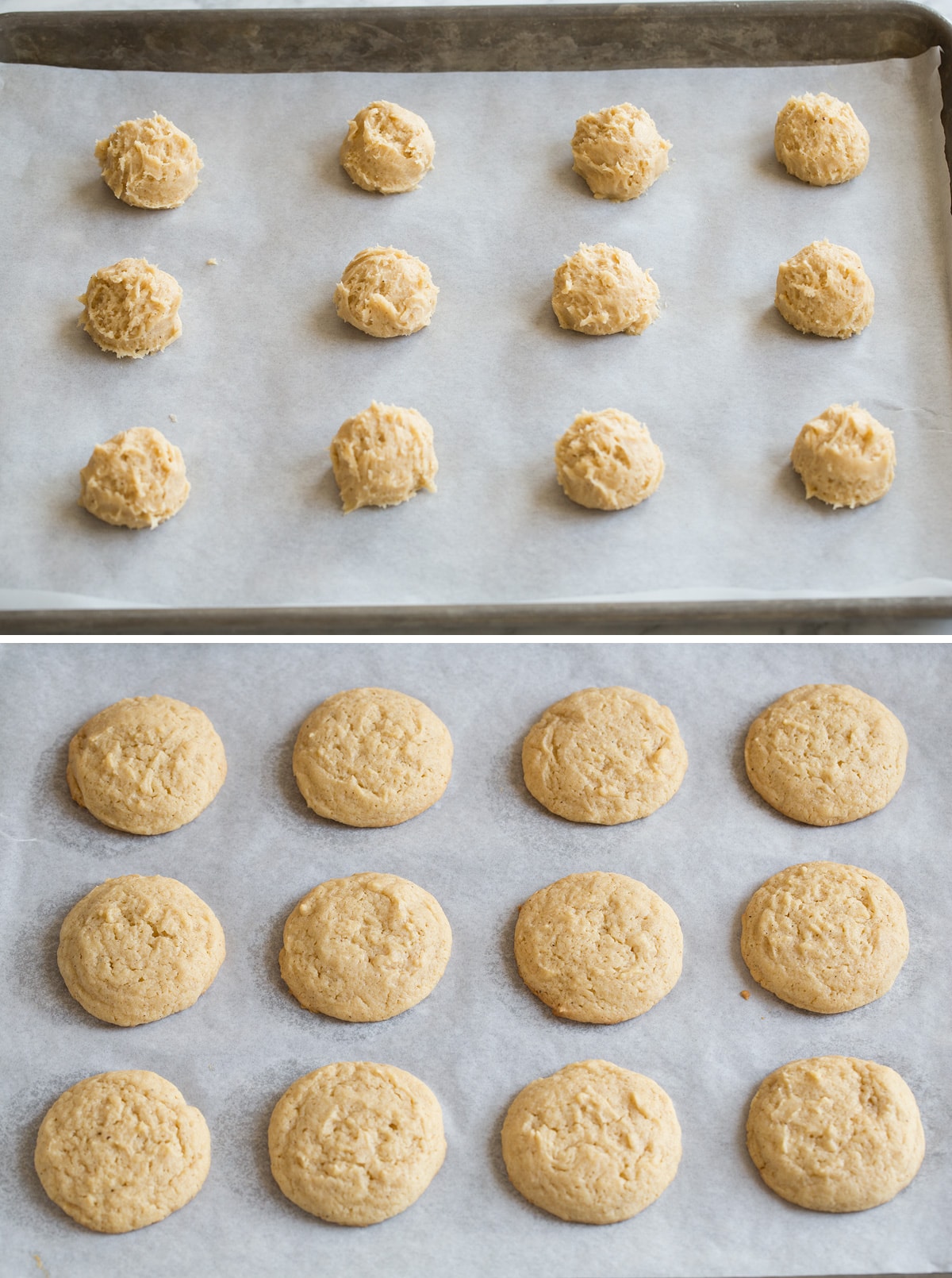 Eggnog Cookies shown here before and after baking on parchment paper lined baking sheet.