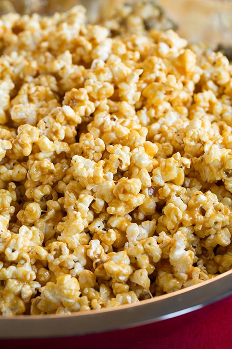 Close up image of caramel popcorn.