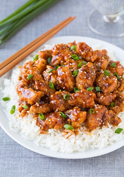 Homemade General Tso's Chicken with General Tso Sauce and scallions