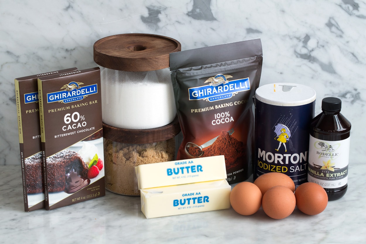 Ingredients needed to make chocolate cake shown here.