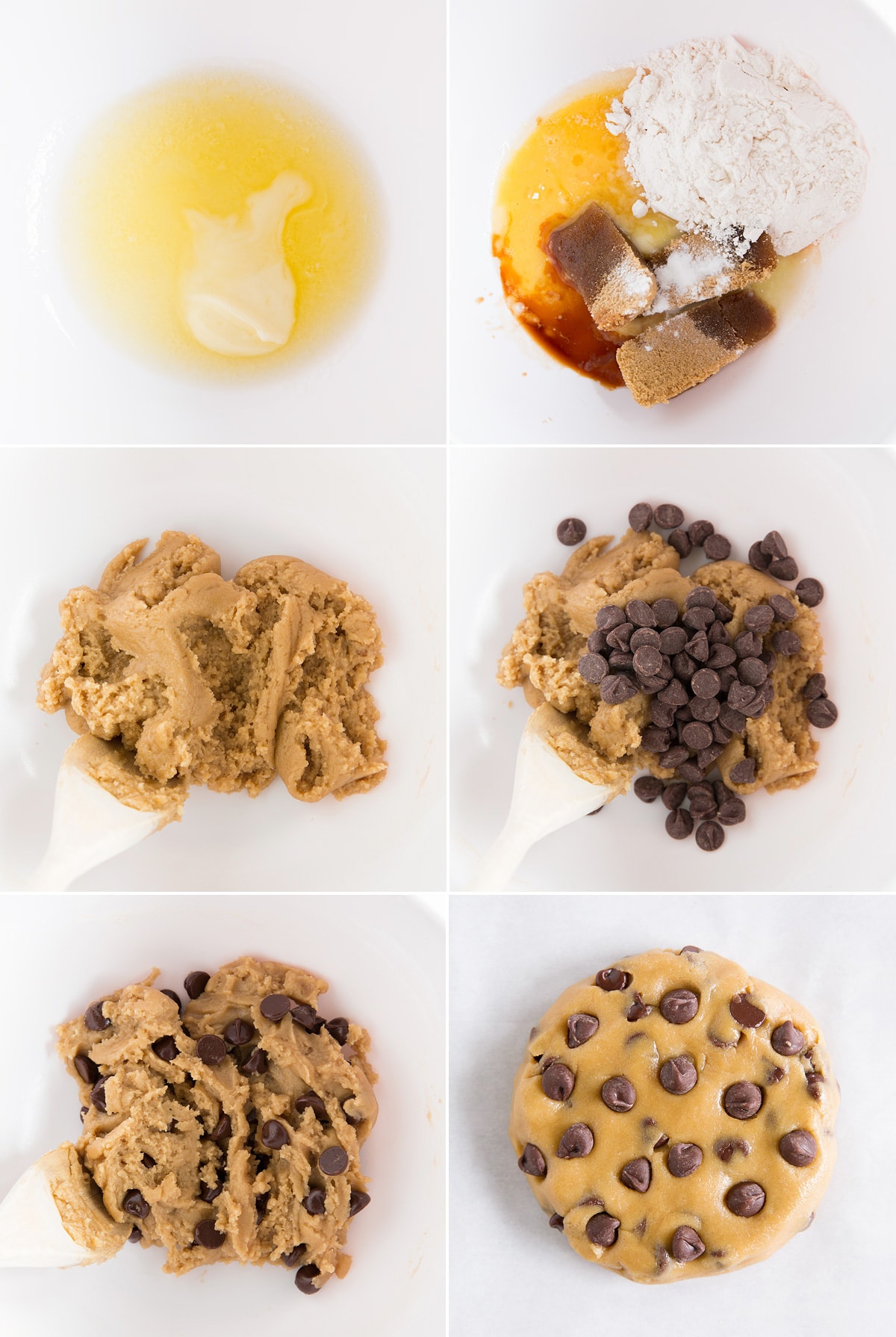 Steps to making a single chocolate chip cookie. Shown preparing dough in a mixing bowl and shaping dough into a round on parchment paper.