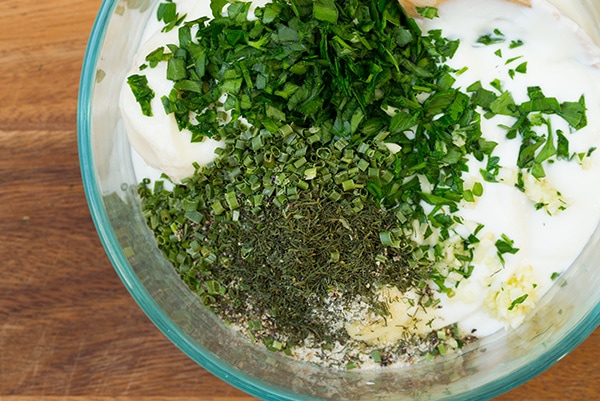 Greek Yogurt veggie Dip ingredients in bowl