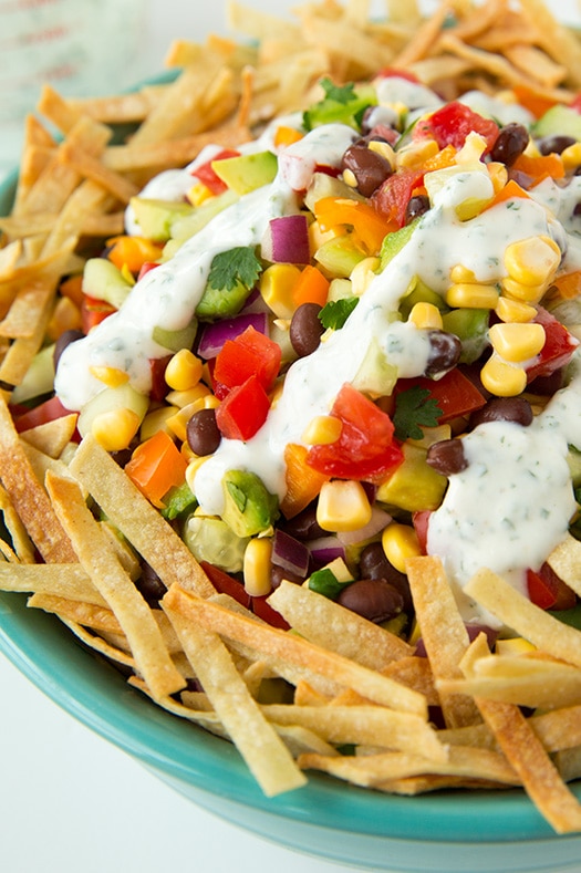 Mexican Salad with Greek Yogurt Cilantro Lime Ranch and tortilla strips