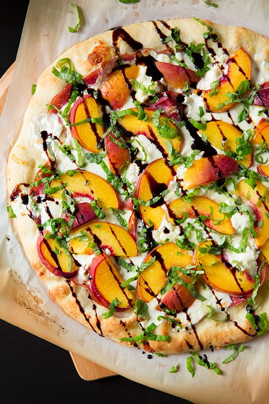 Peach and Prosciutto Pizza drizzled with balsamic reduction 