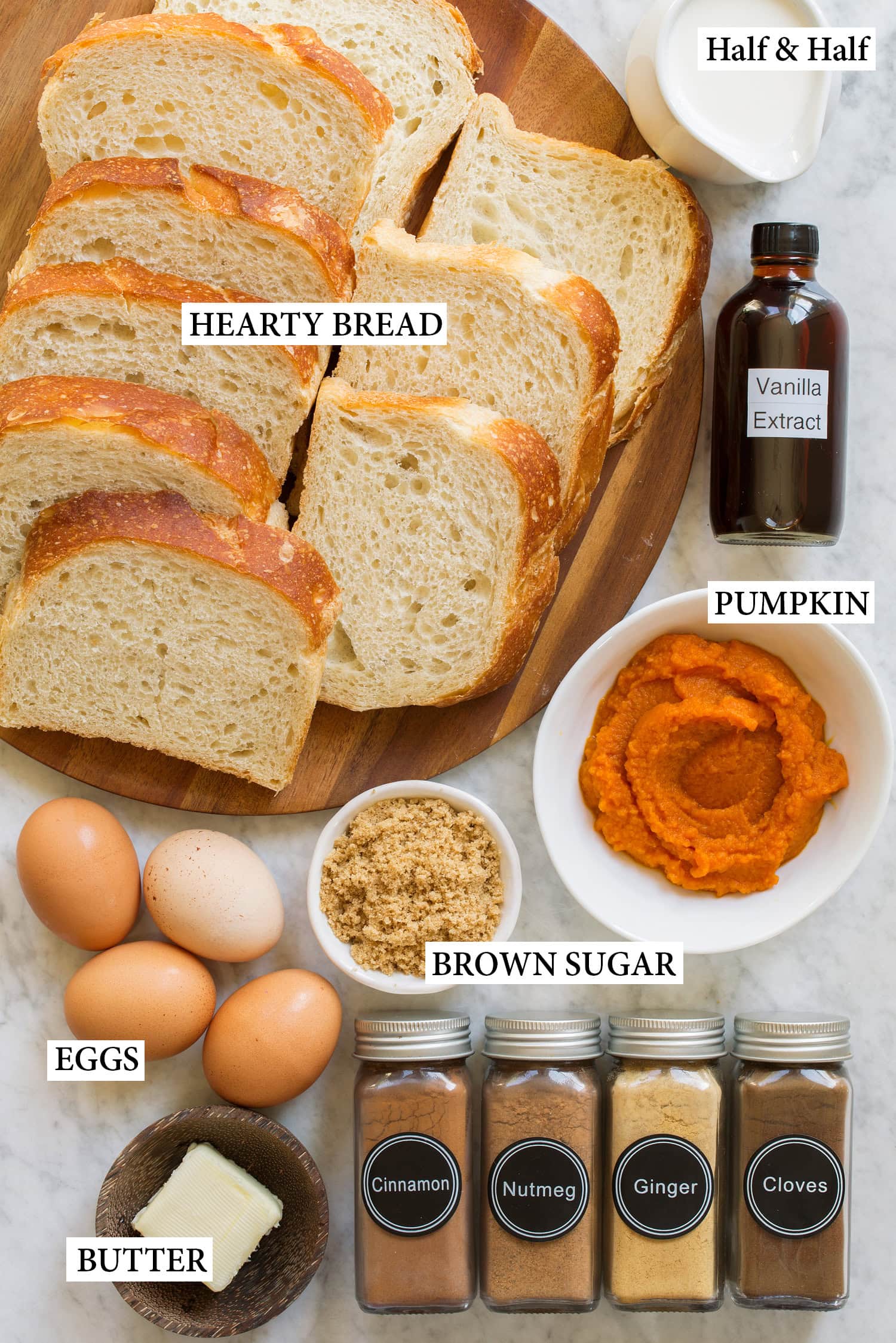 Ingredients used to make pumpkin french toast.