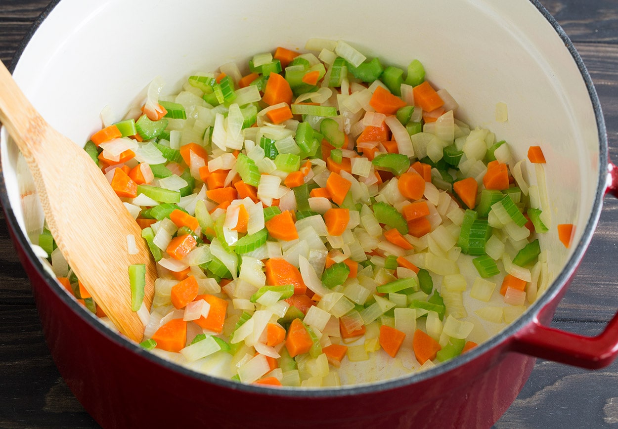 Creamy Ham Potato Corn Chowder sauteing veggies