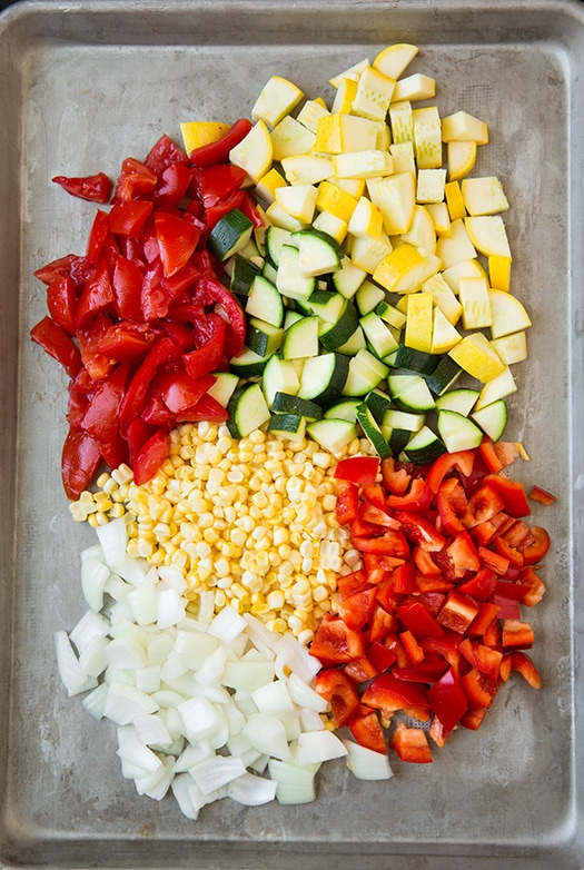 veggie taco ingredients on roasting pan