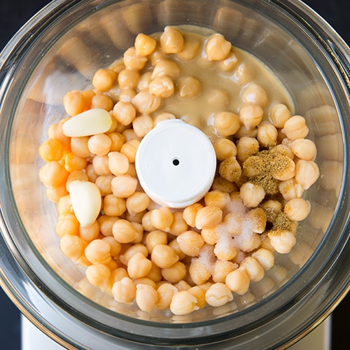 hummus ingredients in a food processor