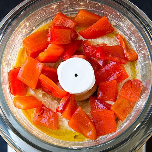 Roasted Red Peppers and hummus in a food processor 