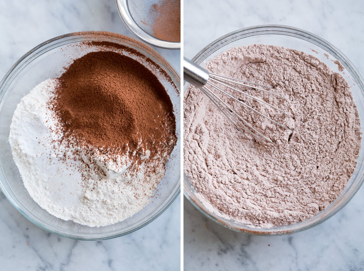 Showing how to prep flour mixture. Whisking flour, cocoa, baking soda and salt in a glass mixing bowl.