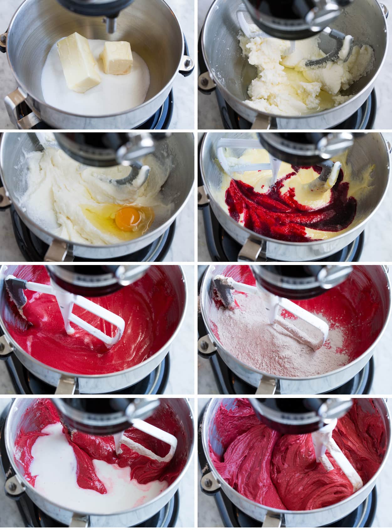 Collage of eight images showing how to make red velvet cake batter in a stand mixer.