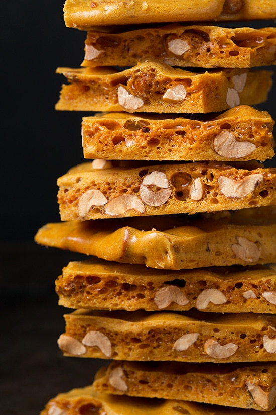 Close up image of stake of peanut brittle showing texture.