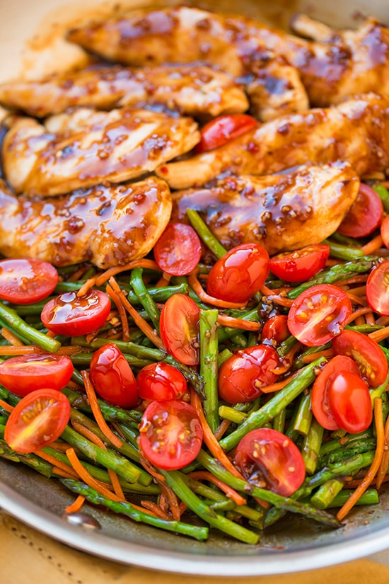 A close up of One Pan Balsamic Chicken on a plate with veggies