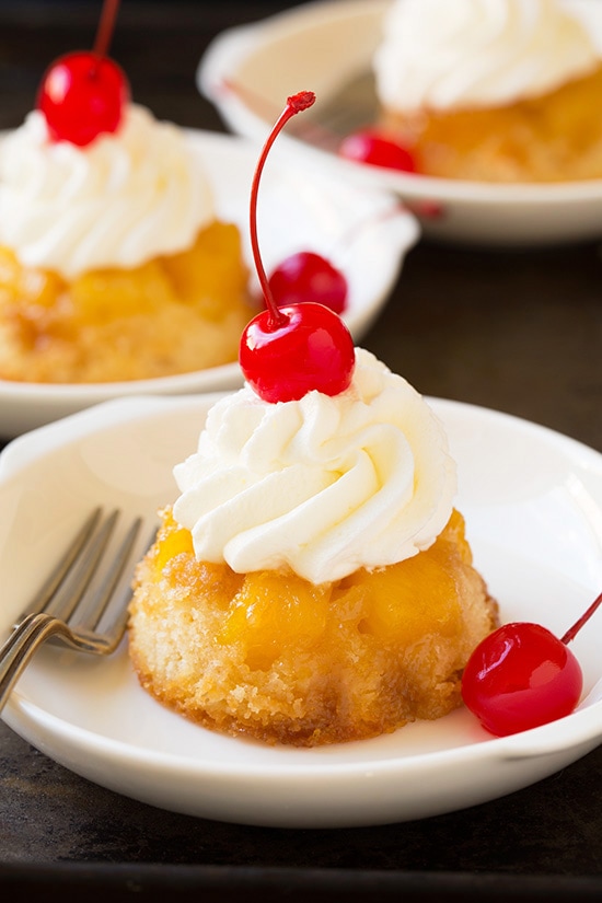 Pineapple Upside Down Cupcakes With Cherry and Whipped Cream
