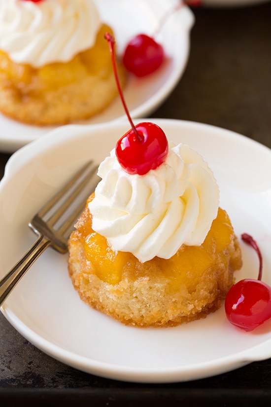 Individual Pineapple Upside Down Cakes on Plate