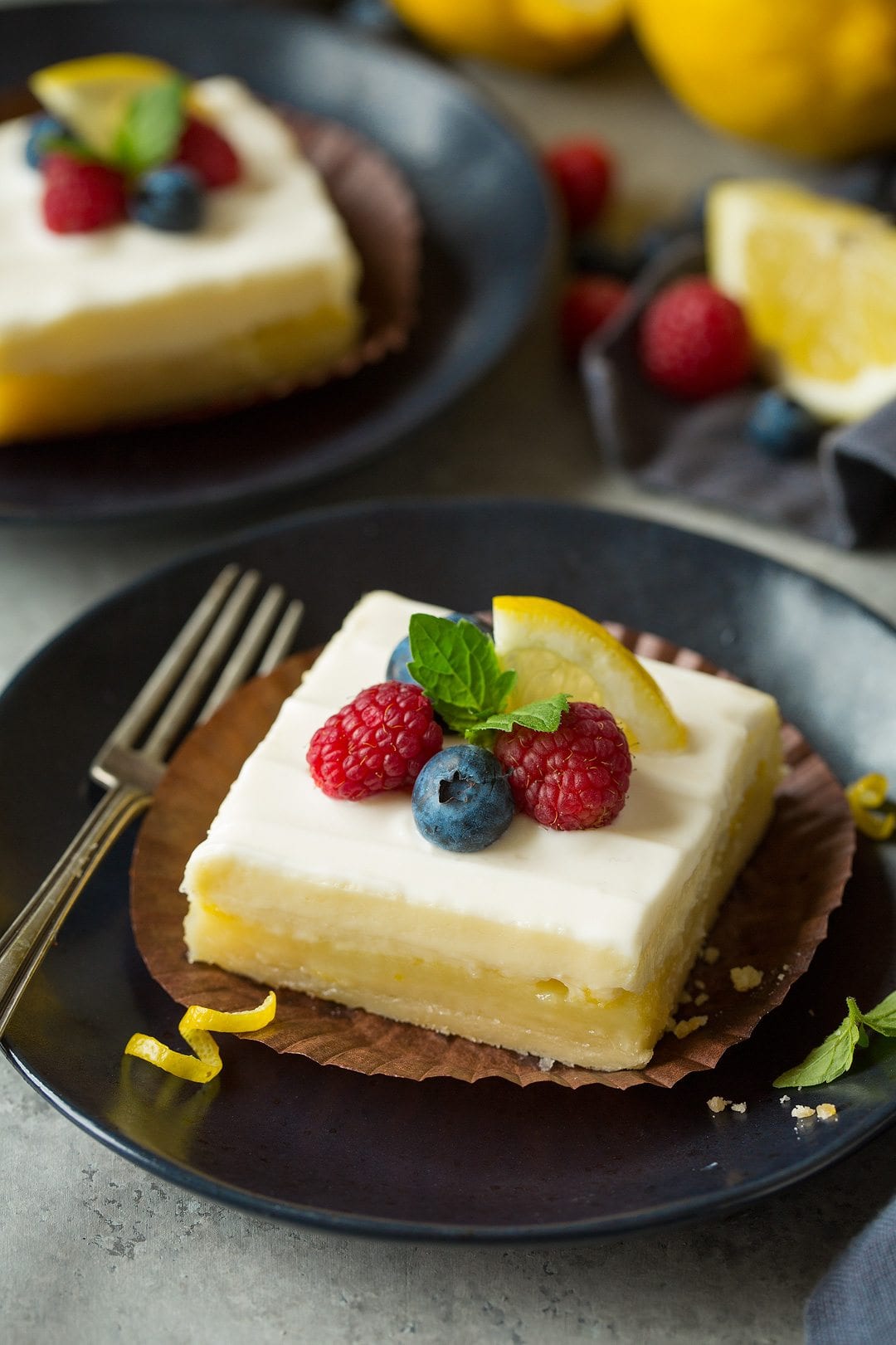 Lemon Cheesecake Bar on plate with fork