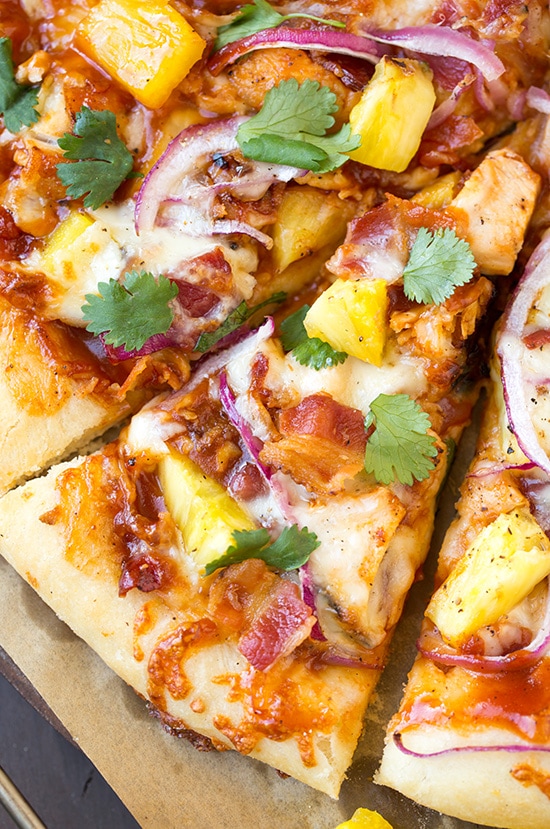 close up of sliced Hawaiian BBQ Chicken Pizza