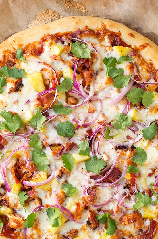 close up of whole Hawaiian BBQ Chicken Pizza