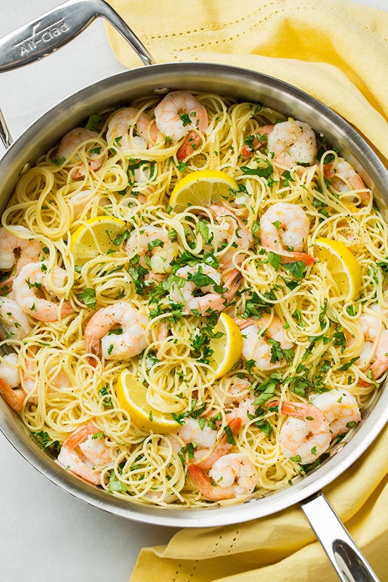 Angel Hair Pasta with Shrimp in metal skillet