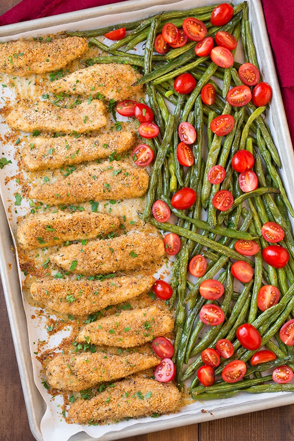 One Pan Roasted Garlic-Parmesan Chicken Tenders and Green Beans with Fresh Grape Tomatoes | Cooking Classy