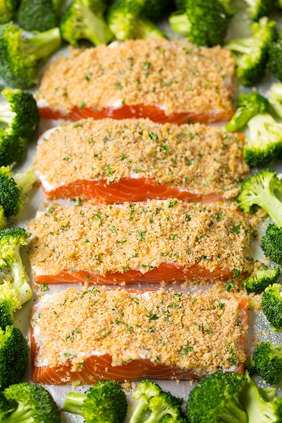 Parmesan crusted salmon filets ready to bake with broccoli on sheet pan