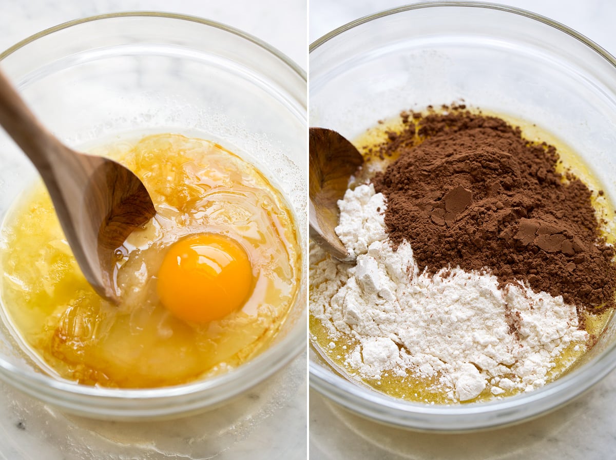 Egg being added to butter sugar mixture in mixing bowl, then flour and cocoa powder added to mixture.