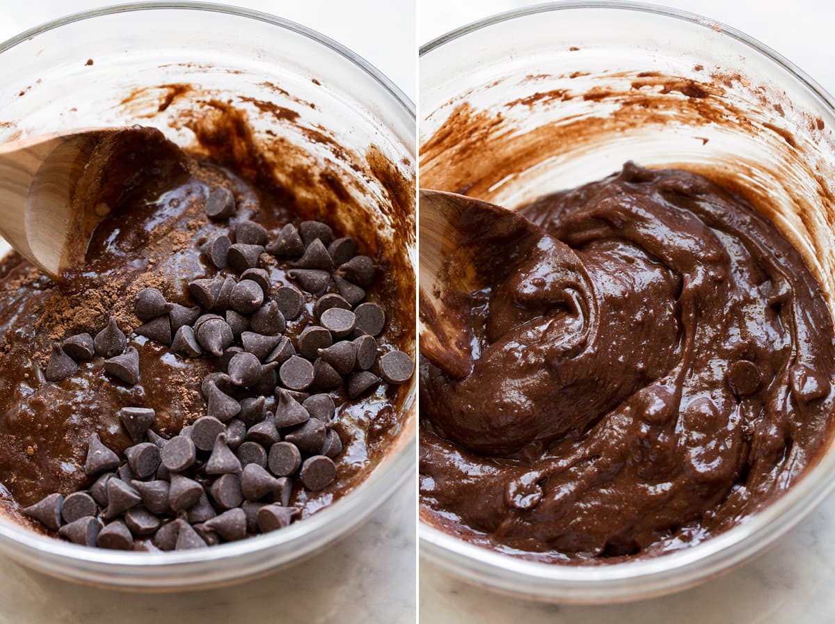 Chocolate chips added to brownie batter on left side and finished brownie batter on right side.
