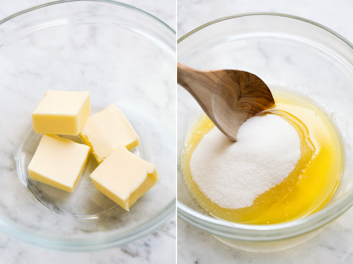 Butter and sugar in a glass mixing bowl.