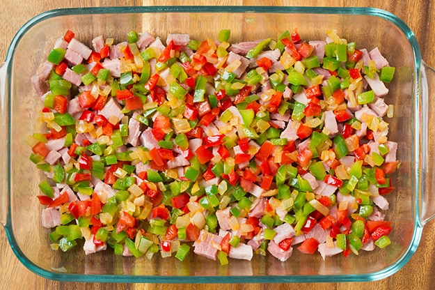 baked omelet ingredients in glass baking dish