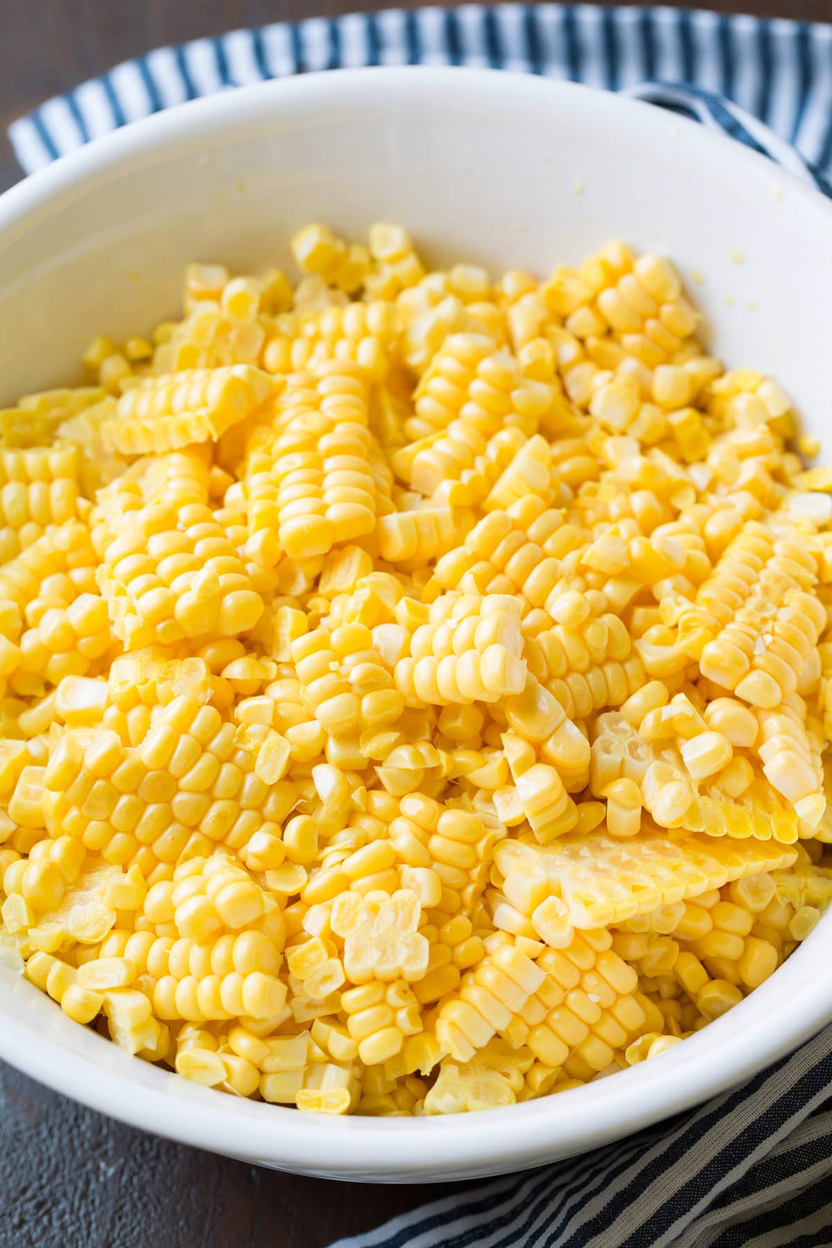 Bowl full of fresh corn kernels.