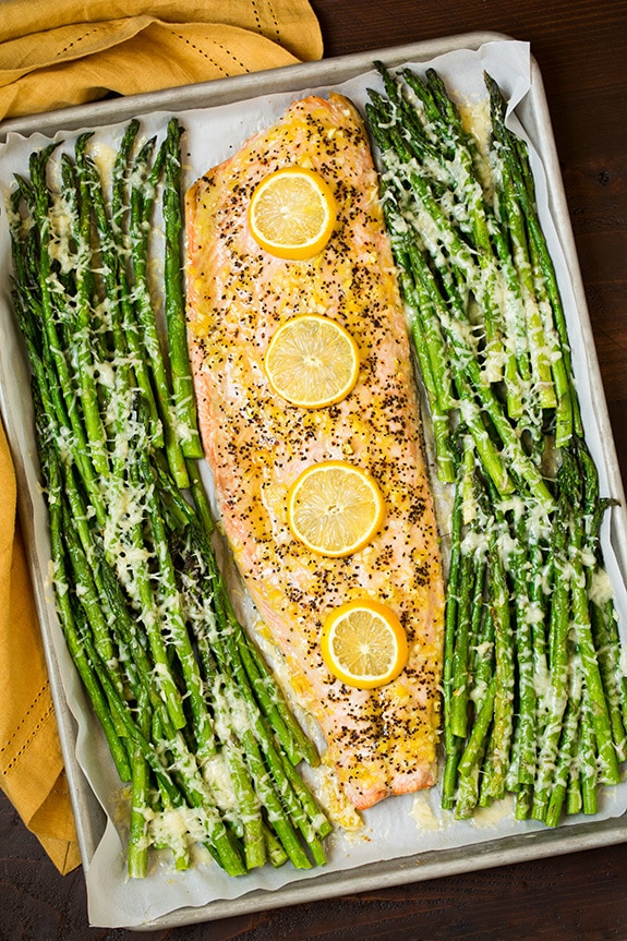 One Pan Roasted Lemon Pepper Salmon and Garlic Parmesan Asparagus | Cooking Classy