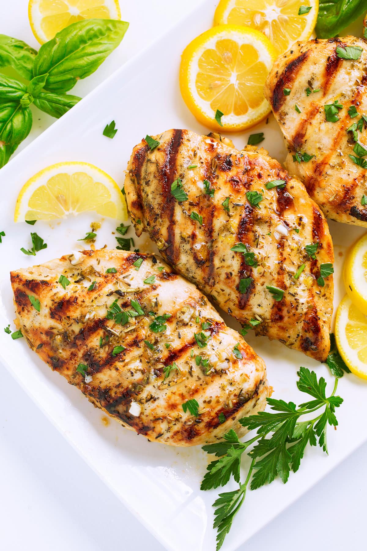 Close up image of grilled chicken breasts with herb topping and char marks.