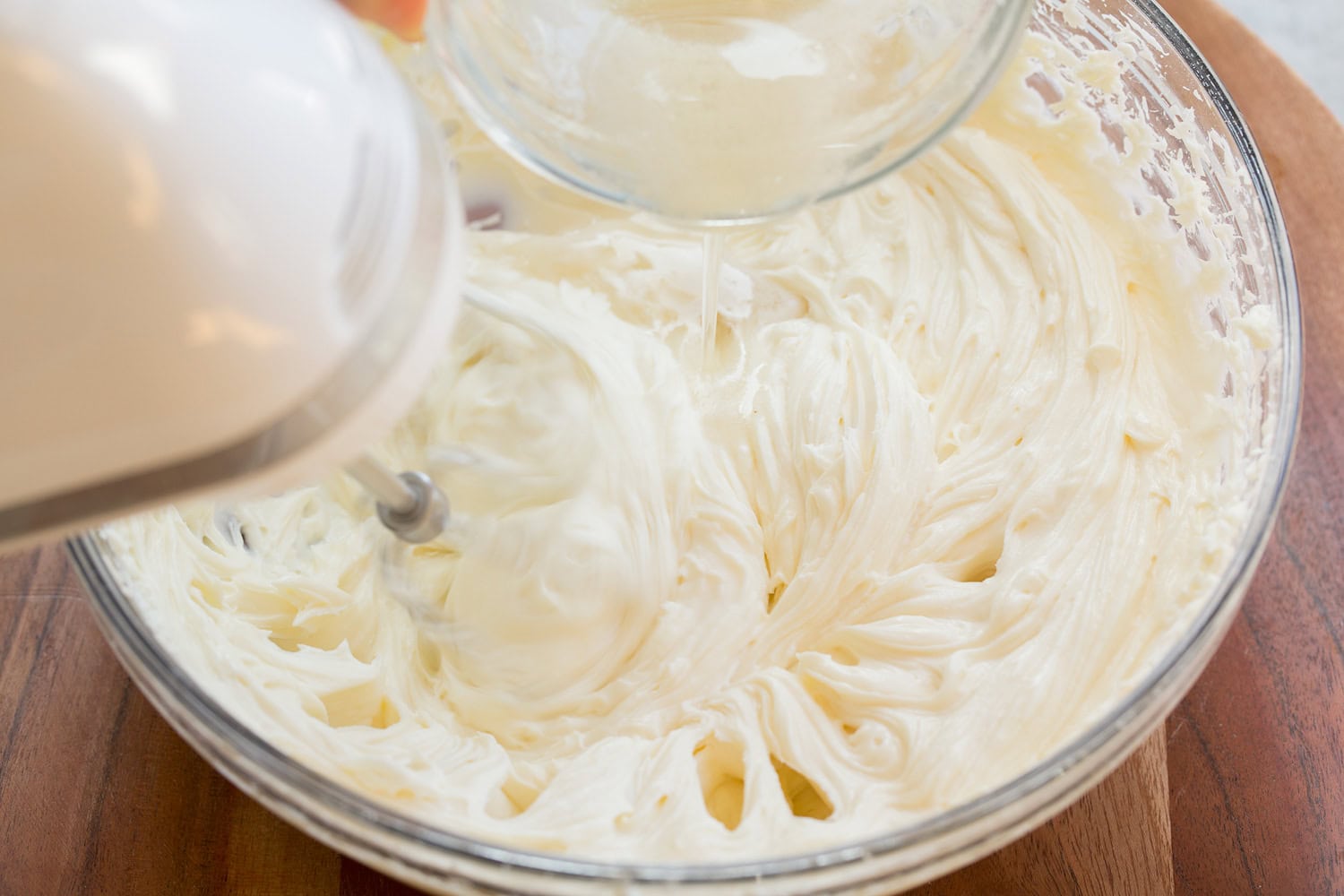 Melted gelatin mixture added to cream cheese mixture.