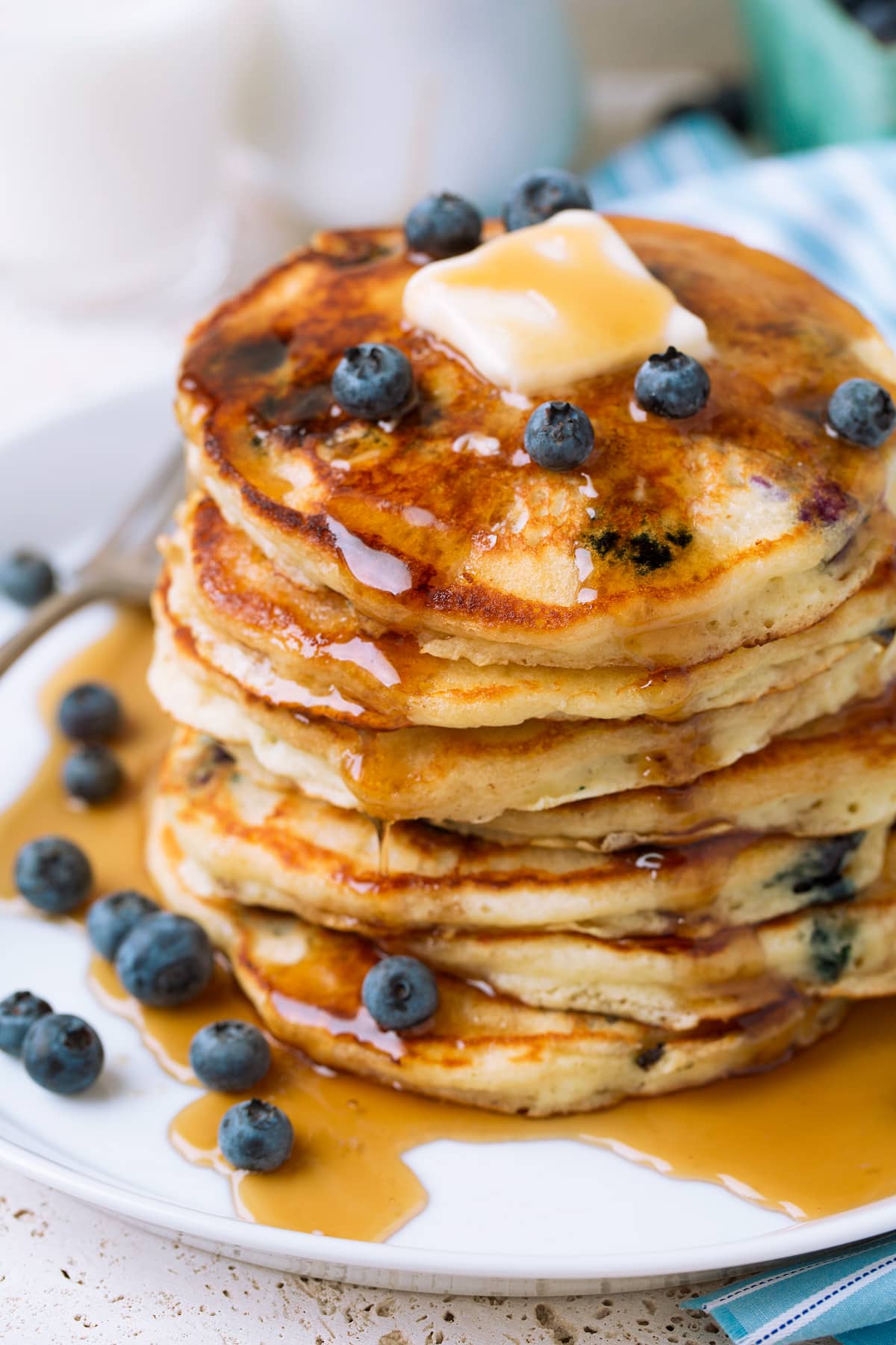 Stack of homemade blueberry pancakes.