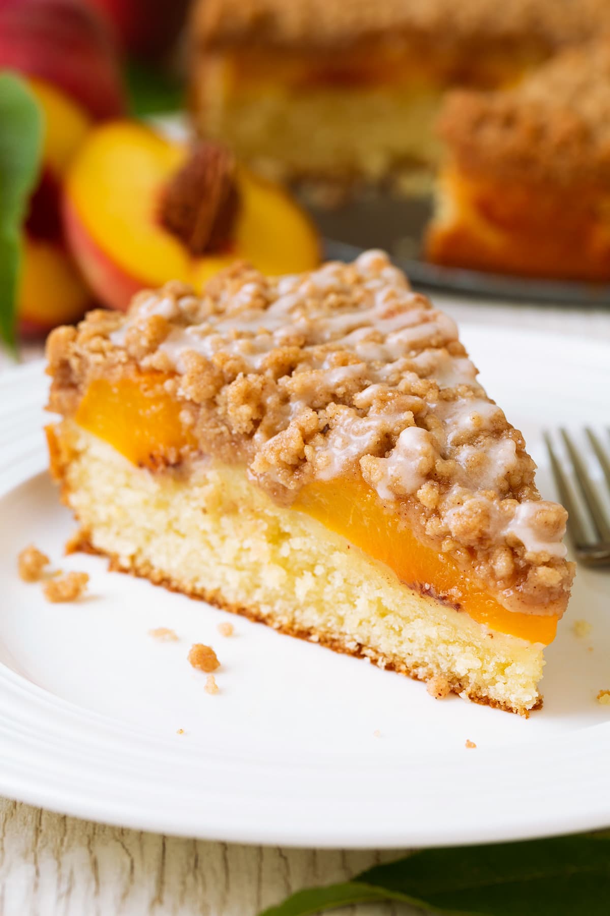 Slice of peach coffee cake