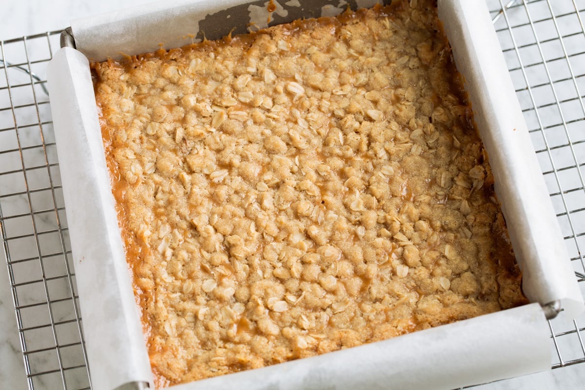 Carmelitas after baking in a square baking dish.