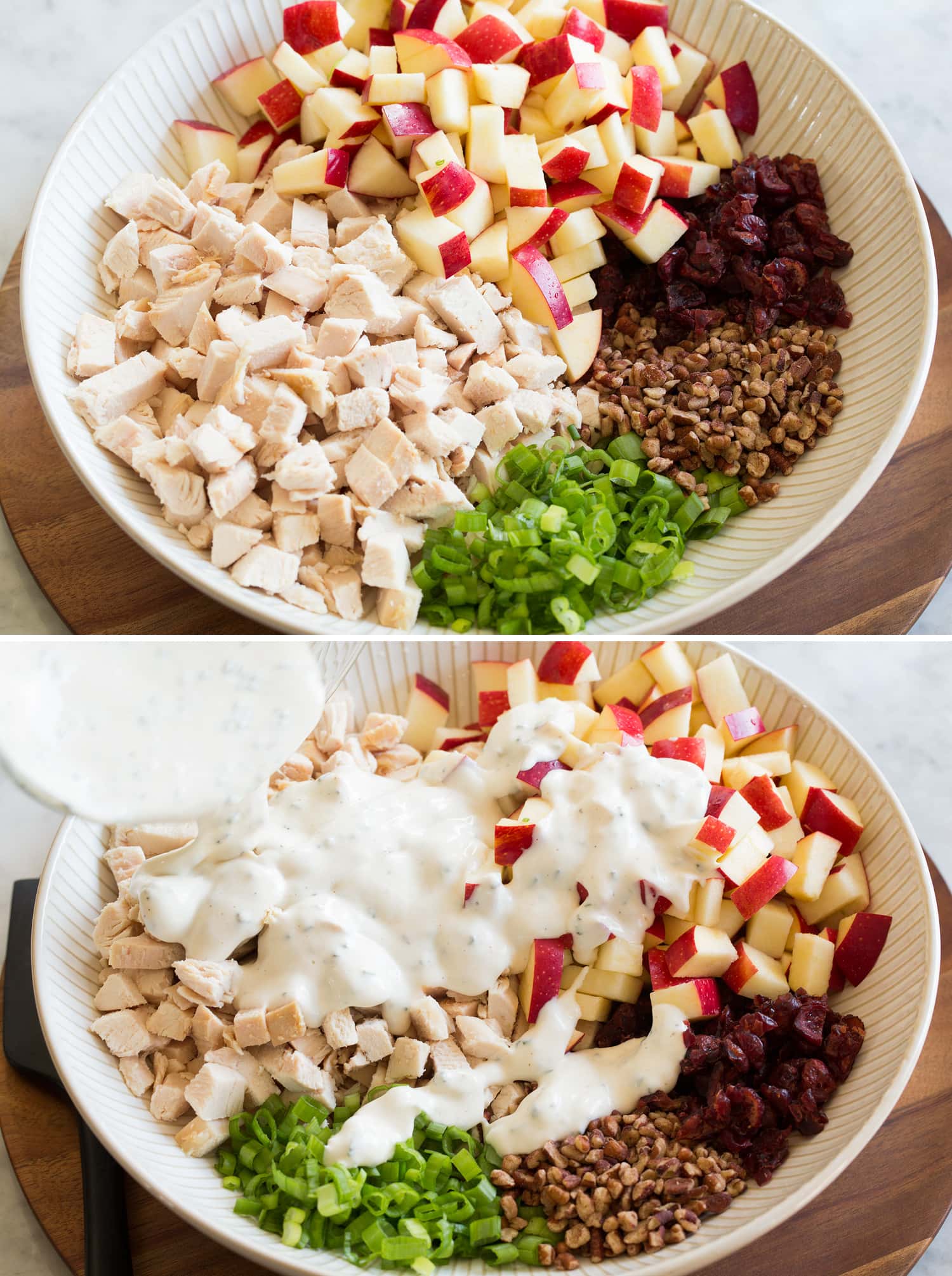 Apple Chicken Salad Tossing chicken salad with dressing.
