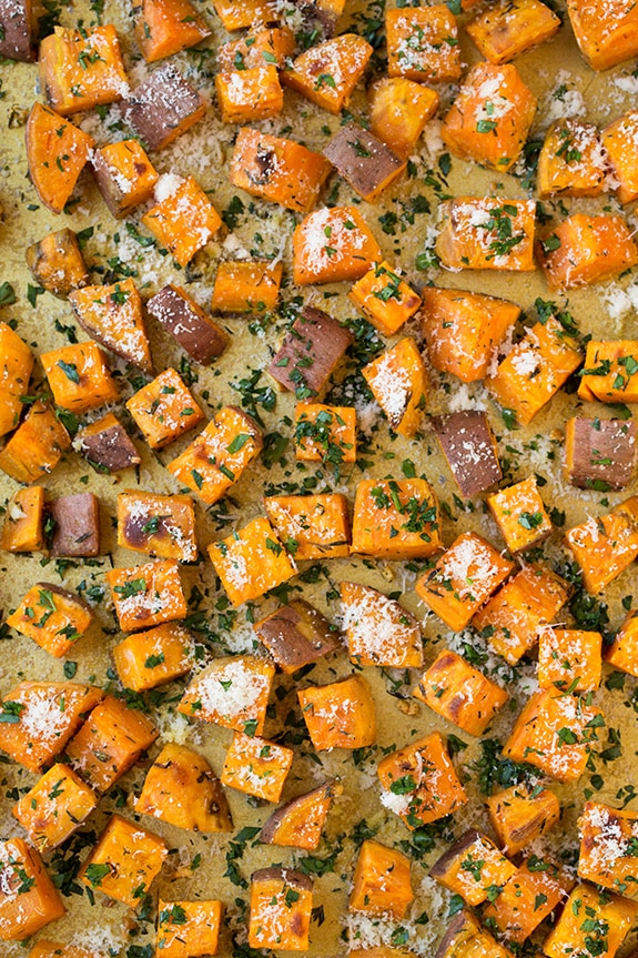 Savory Roasted Sweet Potatoes with Parmesan, Garlic & Herbs