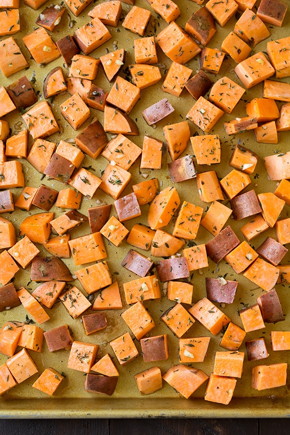 Savory Roasted Sweet Potatoes on a baking tray